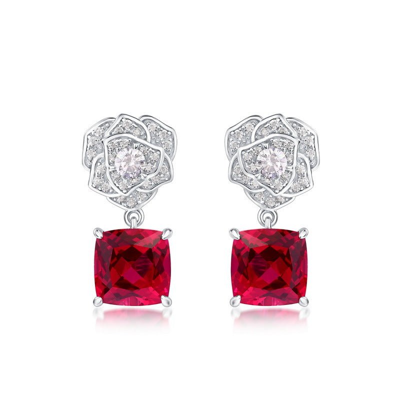 S925 Silver Cultivated Ruby Earrings Rose Flower Stud - Rhyme - and - Chain