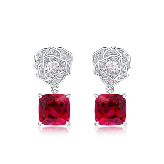 S925 Silver Cultivated Ruby Earrings Rose Flower Stud - Rhyme - and - Chain