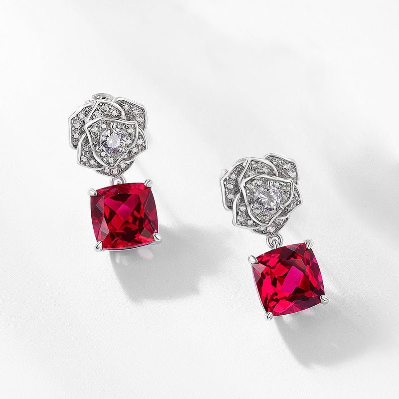 S925 Silver Cultivated Ruby Earrings Rose Flower Stud - Rhyme - and - Chain