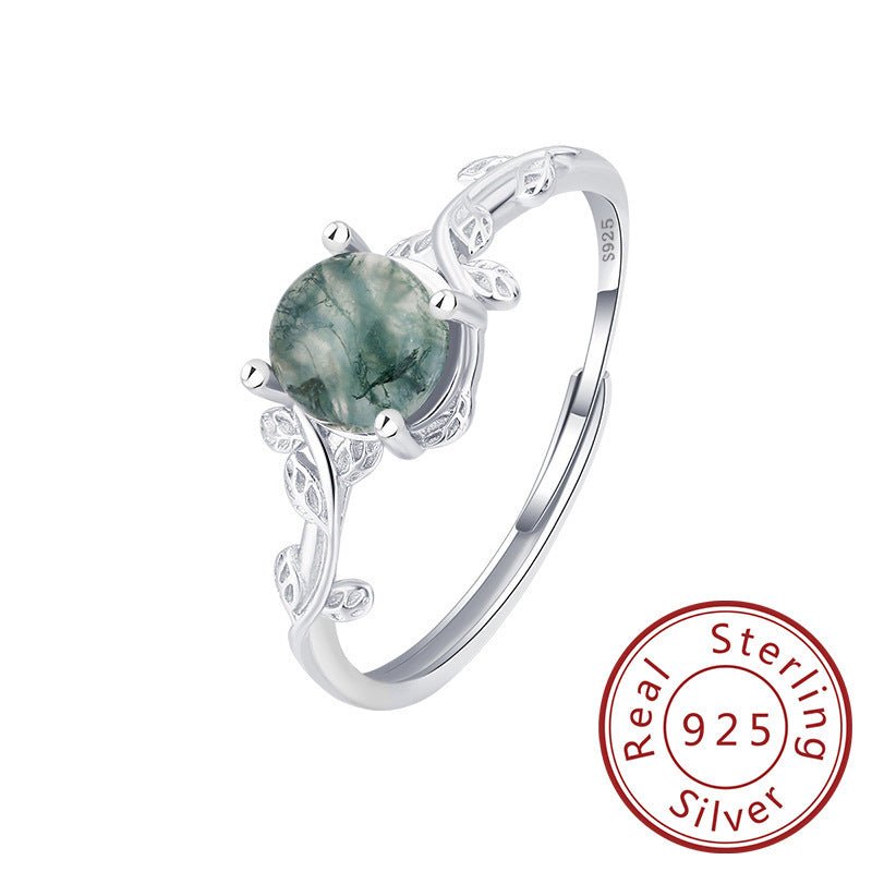 S925 Silver Green Moss Agate Ring - Rhyme - and - Chain