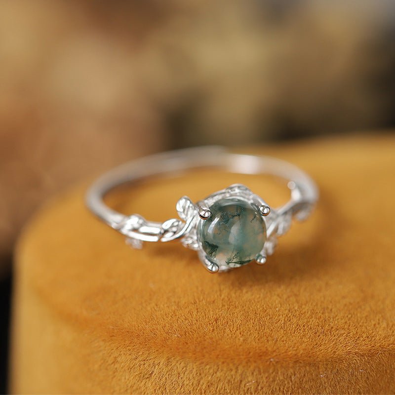 S925 Silver Green Moss Agate Ring - Rhyme - and - Chain