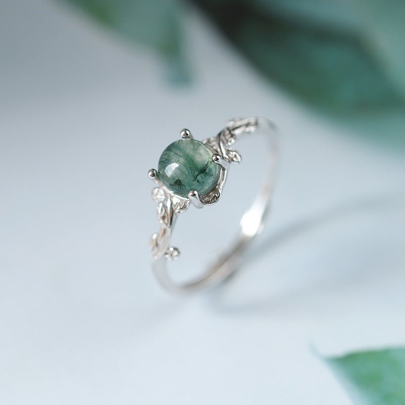 S925 Silver Green Moss Agate Ring - Rhyme - and - Chain