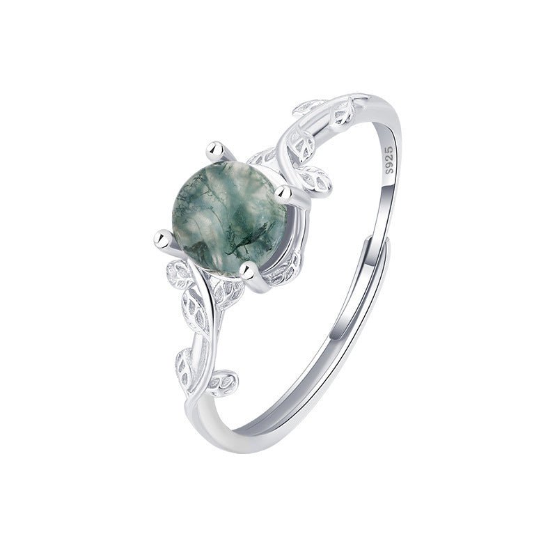 S925 Silver Green Moss Agate Ring - Rhyme - and - Chain