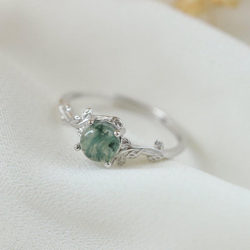 S925 Silver Green Moss Agate Ring - Rhyme - and - Chain