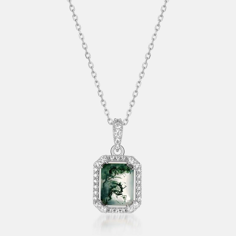 S925 Silver Green Moss Stone Pendant - Rhyme - and - Chain