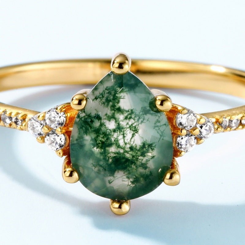 S925 Silver Green Moss Water Plants Agate Ring - Rhyme - and - Chain