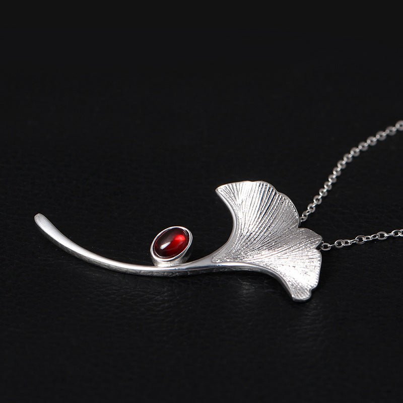 S925 Silver Leaf Garnet Pendant Brooch Dual - use Birthstone - Rhyme - and - Chain