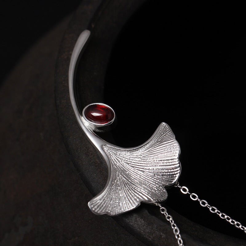 S925 Silver Leaf Garnet Pendant Brooch Dual - use Birthstone - Rhyme - and - Chain