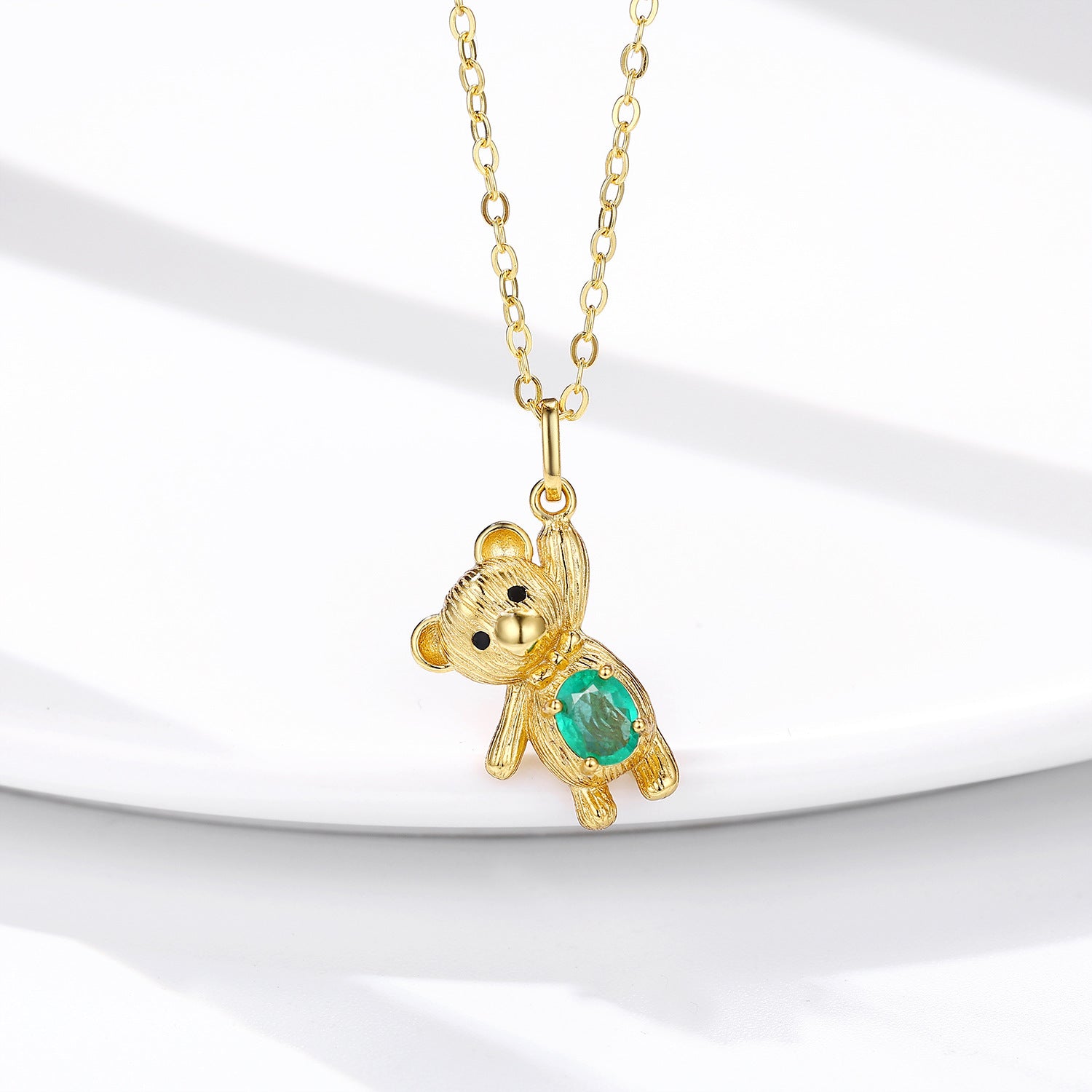 S925 Silver Set Dan Shaped Bears Pendant Natural Emerald Necklace - Rhyme - and - Chain