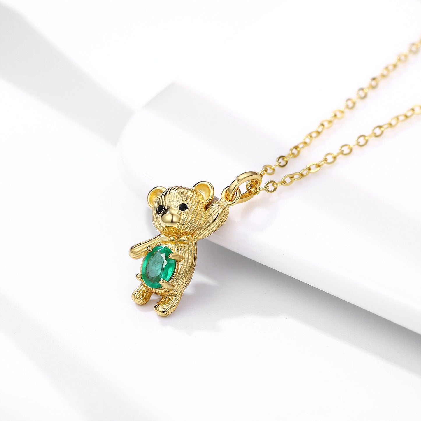 S925 Silver Set Dan Shaped Bears Pendant Natural Emerald Necklace - Rhyme - and - Chain