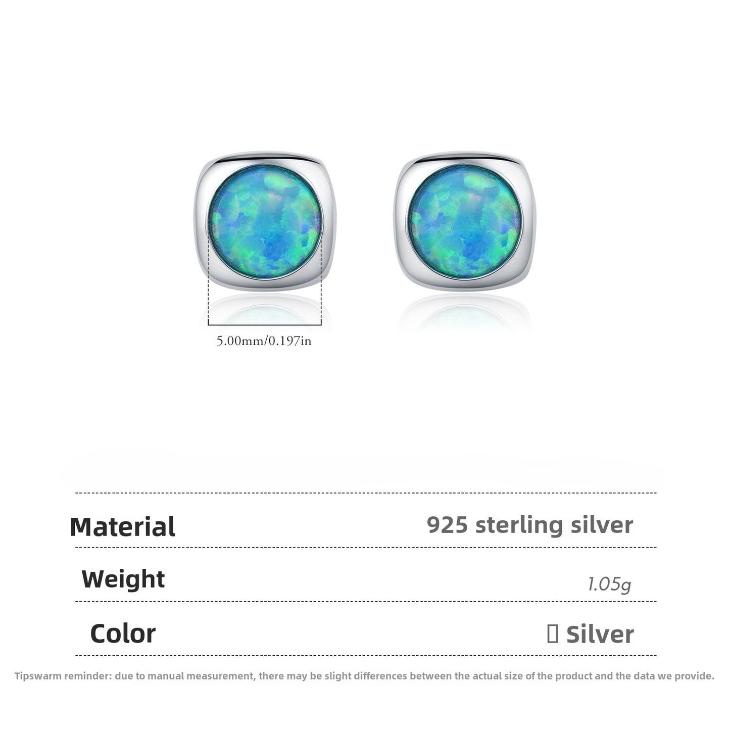 S925 Silver Square Bezel Stud Earrings Opal October Birthstone - Rhyme - and - Chain