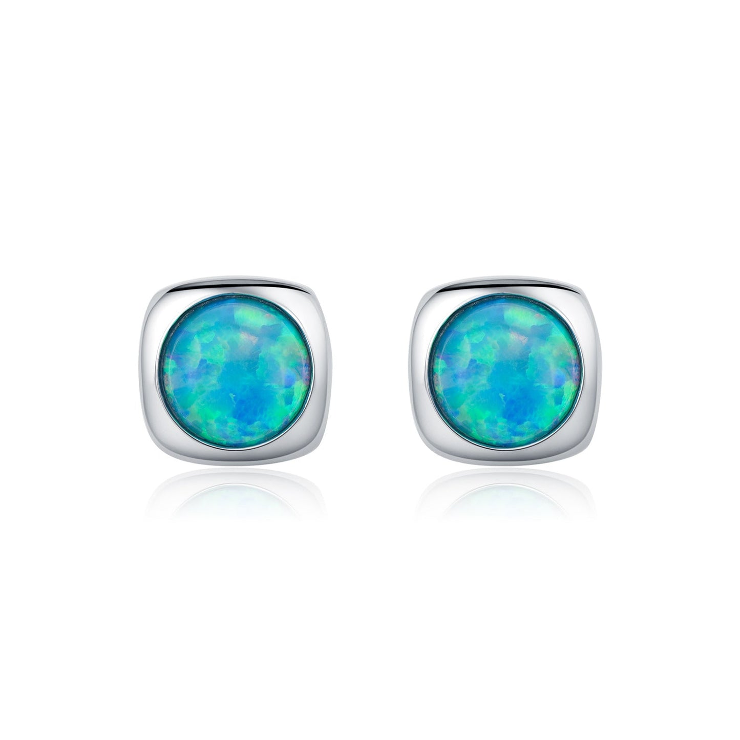 S925 Silver Square Bezel Stud Earrings Opal October Birthstone - Rhyme - and - Chain