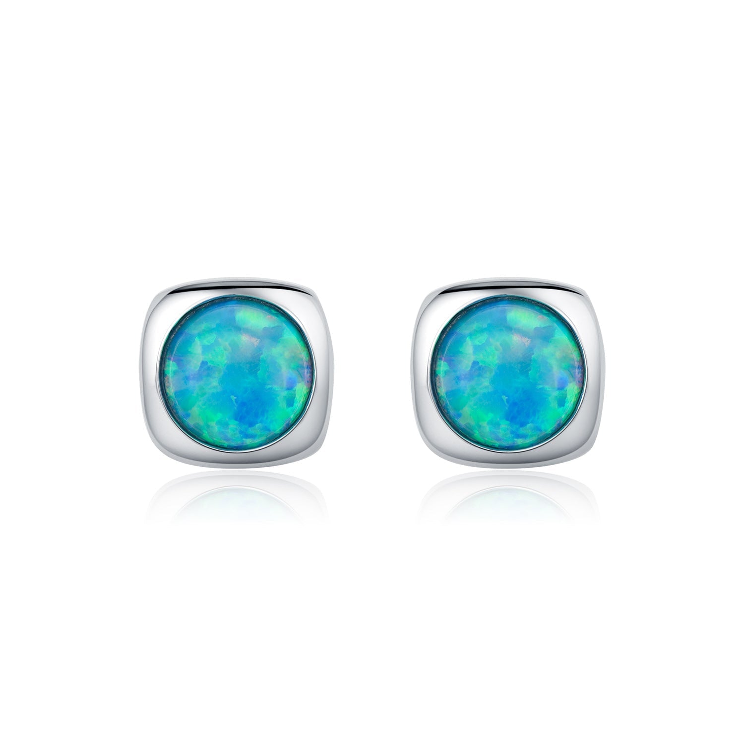 S925 Silver Square Bezel Stud Earrings Opal October Birthstone - Rhyme - and - Chain