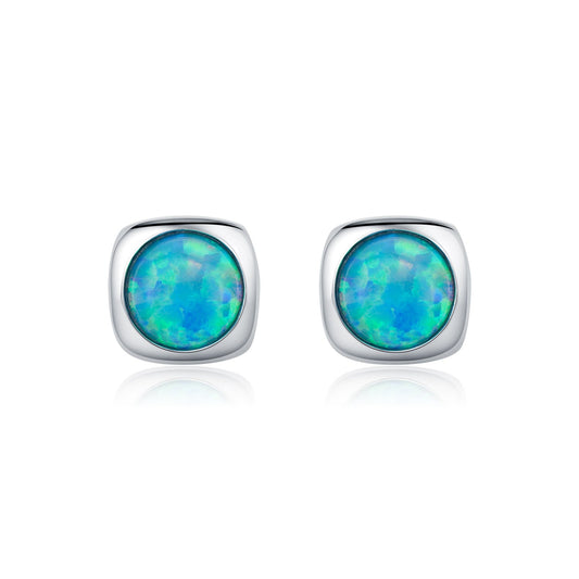 S925 Silver Square Bezel Stud Earrings Opal October Birthstone - Rhyme - and - Chain