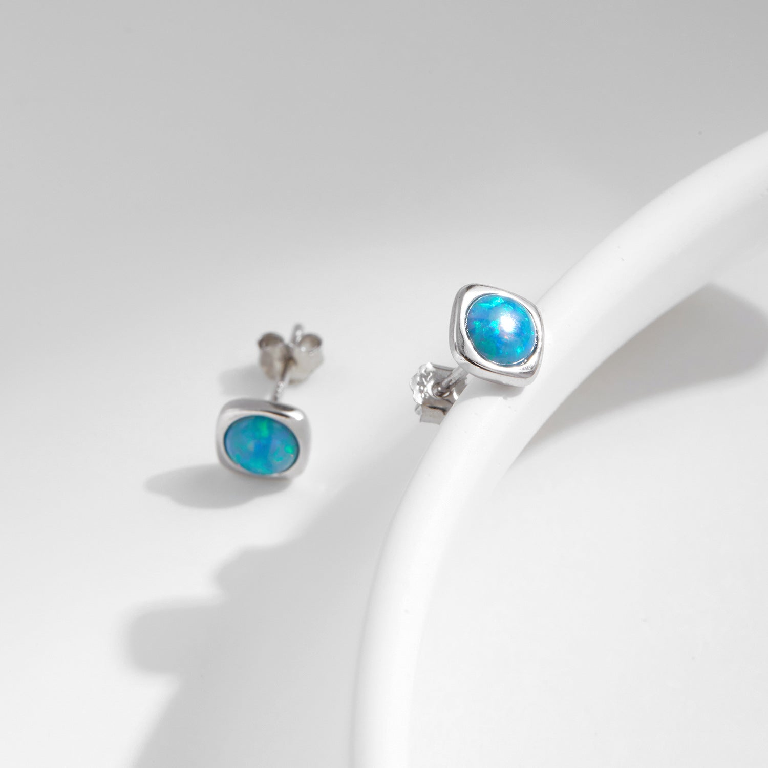 S925 Silver Square Bezel Stud Earrings Opal October Birthstone - Rhyme - and - Chain