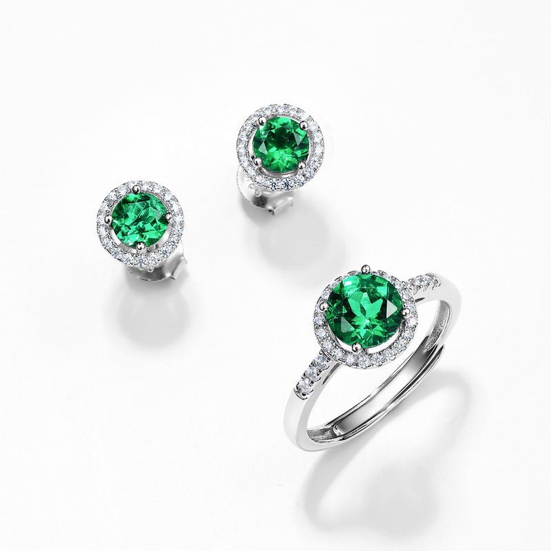 S925 Silver Stud Earrings Cultivated Emerald Round Earrings - Rhyme - and - Chain