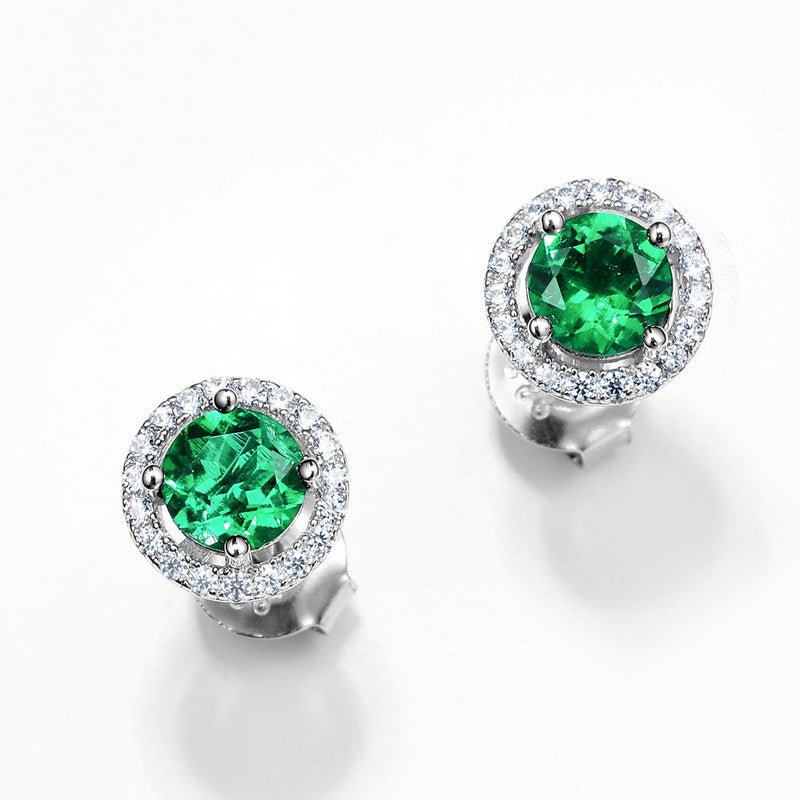 S925 Silver Stud Earrings Cultivated Emerald Round Earrings - Rhyme - and - Chain