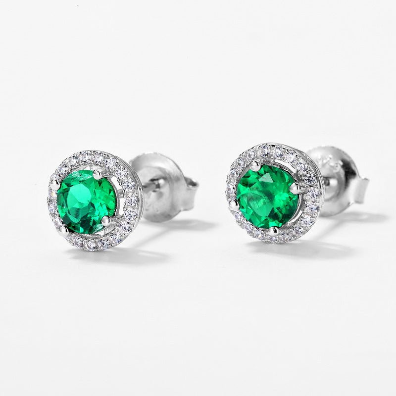 S925 Silver Stud Earrings Cultivated Emerald Round Earrings - Rhyme - and - Chain