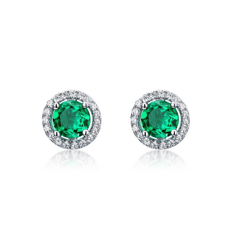 S925 Silver Stud Earrings Cultivated Emerald Round Earrings - Rhyme - and - Chain