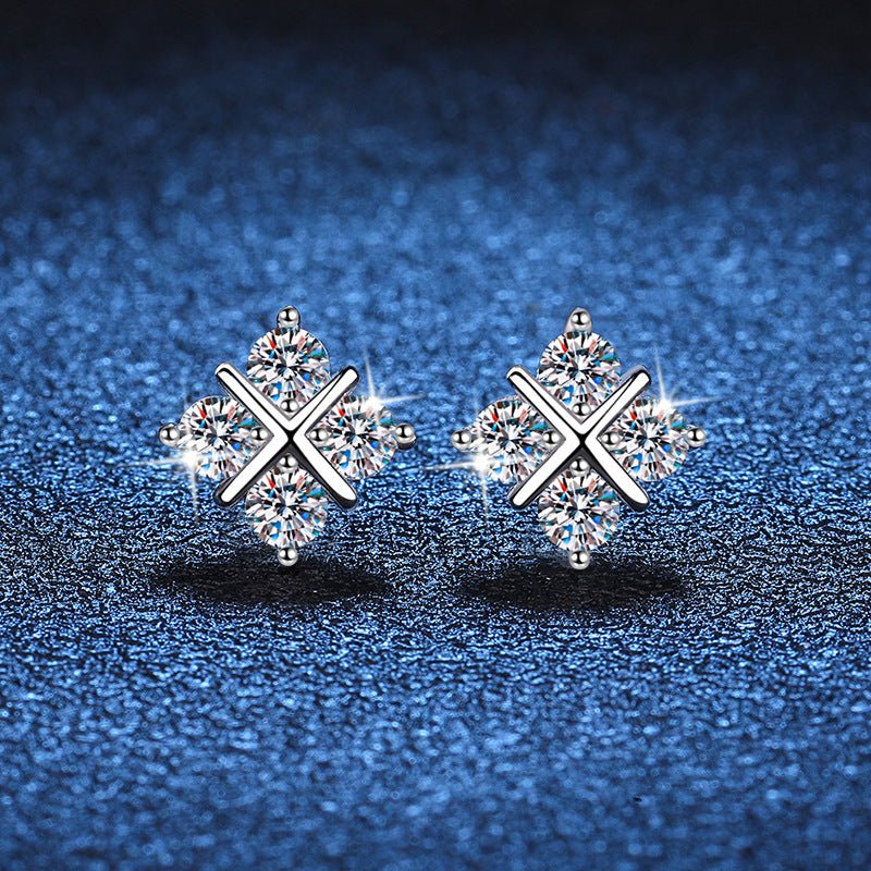 S925 Silver Stud Moissanite Classic Cross Platinum Plated Earrings - Rhyme - and - Chain