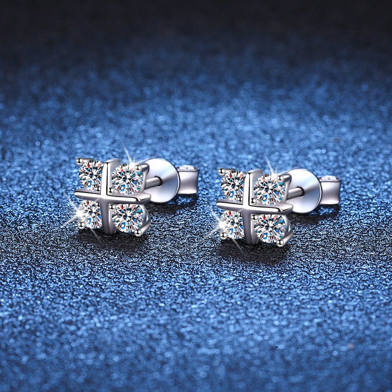 S925 Silver Stud Moissanite Classic Cross Platinum Plated Earrings - Rhyme - and - Chain