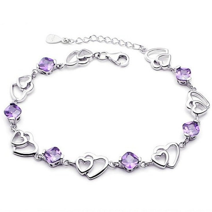 S925 sterling silver bracelet double heart amethyst bracelet - Rhyme - and - Chain