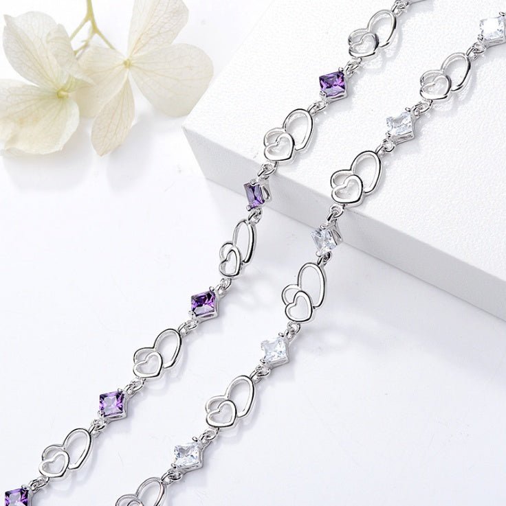 S925 sterling silver bracelet double heart amethyst bracelet - Rhyme - and - Chain