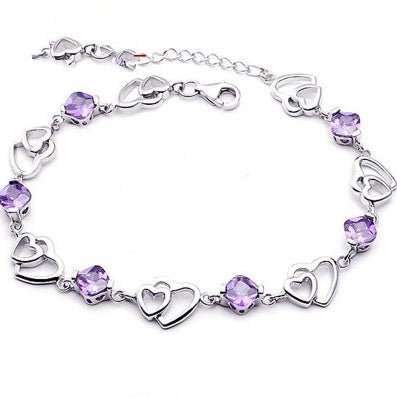 S925 sterling silver bracelet double heart amethyst bracelet - Rhyme - and - Chain