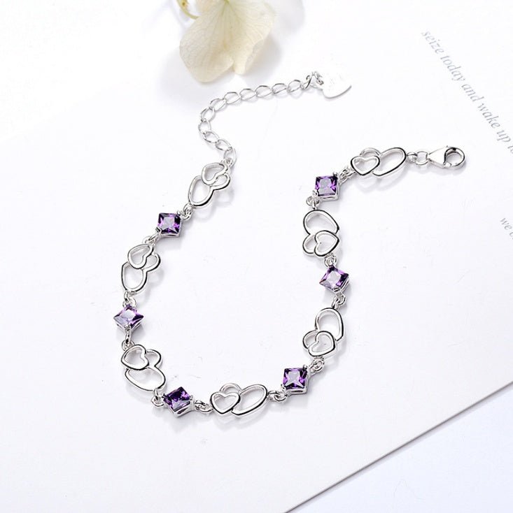 S925 sterling silver bracelet double heart amethyst bracelet - Rhyme - and - Chain