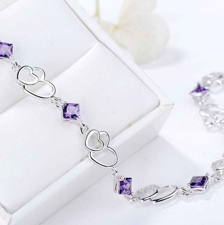 S925 sterling silver bracelet double heart amethyst bracelet - Rhyme - and - Chain