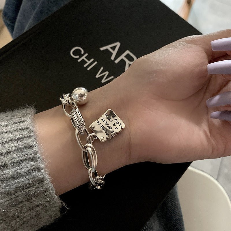 S925 Sterling Silver Bracelet Women's Simple Letter Square Plate - Rhyme - and - Chain