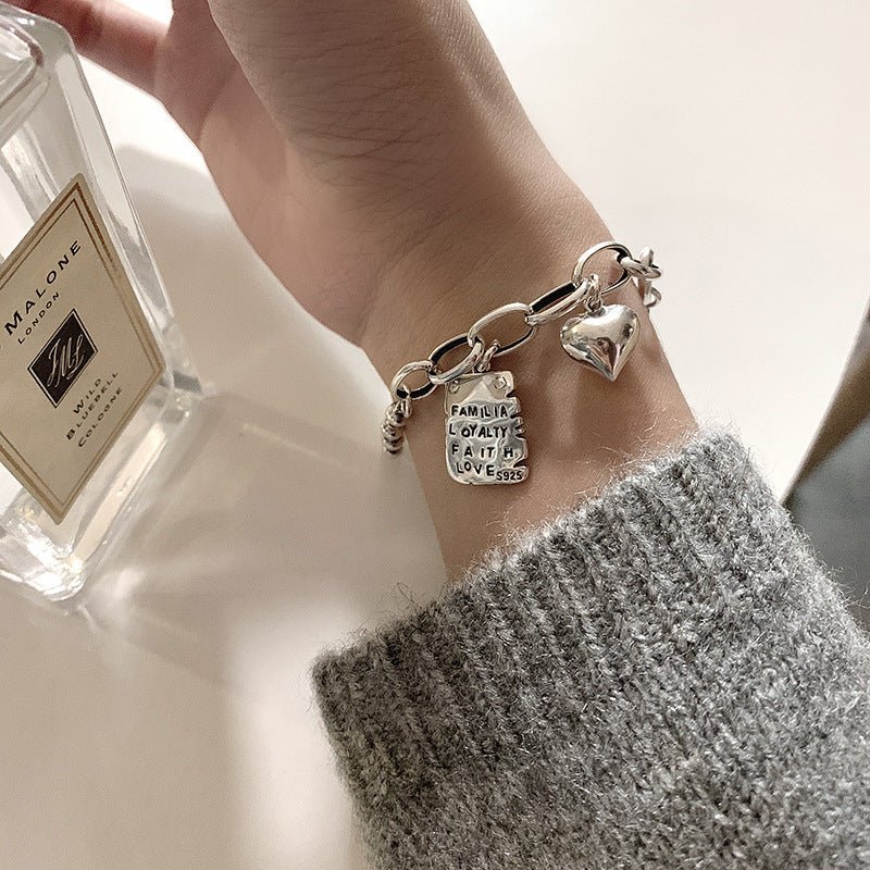 S925 Sterling Silver Bracelet Women's Simple Letter Square Plate - Rhyme - and - Chain