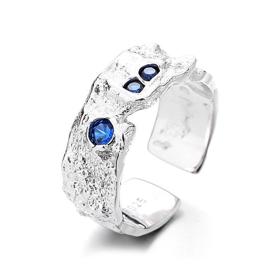 S925 Sterling Silver Creased Blue Zircon Open Ring - Rhyme - and - Chain