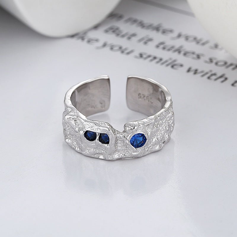 S925 Sterling Silver Creased Blue Zircon Open Ring - Rhyme - and - Chain