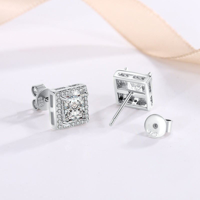 S925 Sterling Silver Earrings Moissanite Halo Stud Shaped - Rhyme - and - Chain