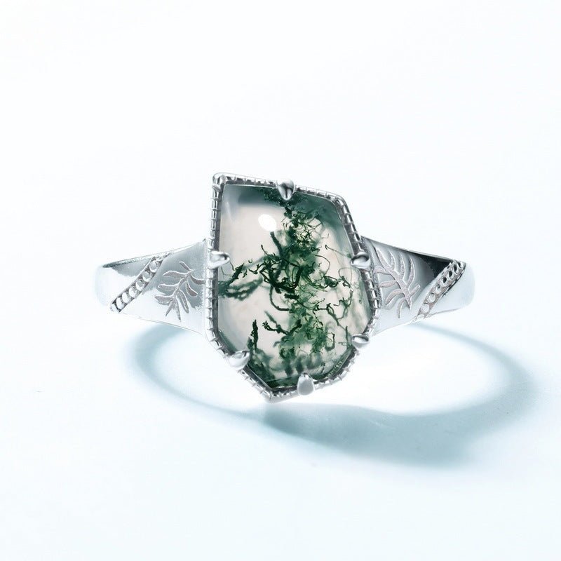 S925 Sterling Silver Irregular Green Moss Agate Ring - Rhyme - and - Chain