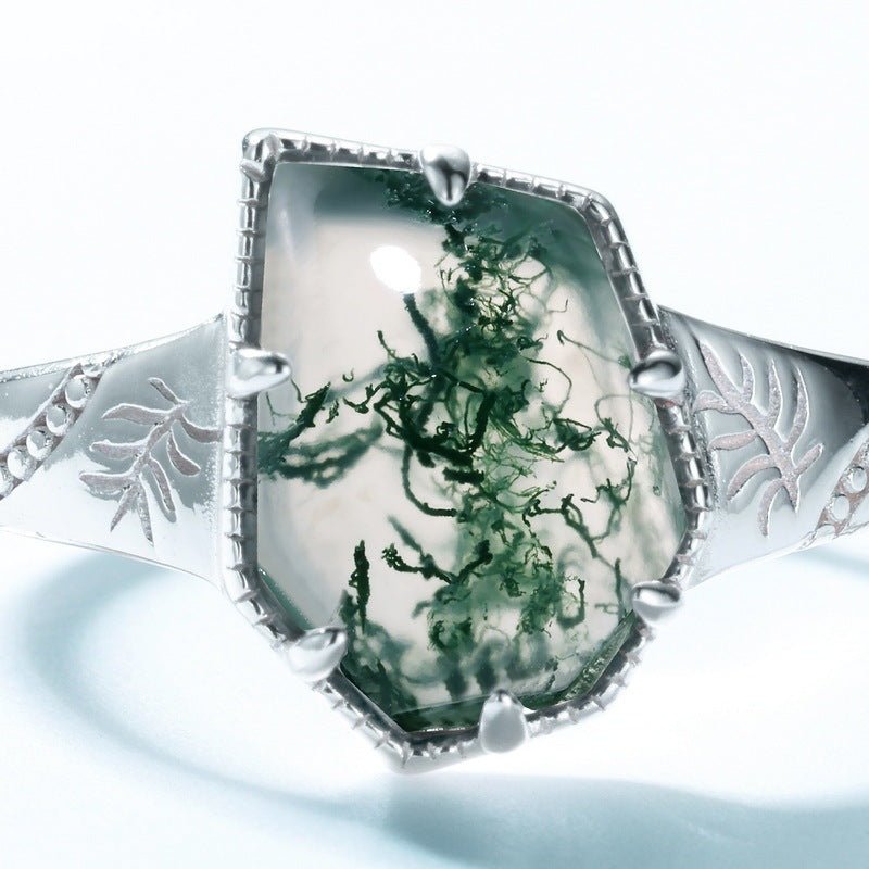 S925 Sterling Silver Irregular Green Moss Agate Ring - Rhyme - and - Chain