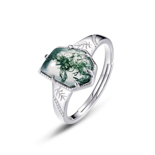 S925 Sterling Silver Irregular Green Moss Agate Ring - Rhyme - and - Chain