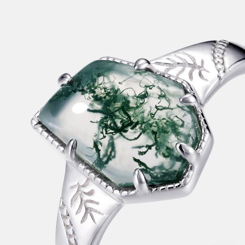 S925 Sterling Silver Irregular Green Moss Agate Ring - Rhyme - and - Chain