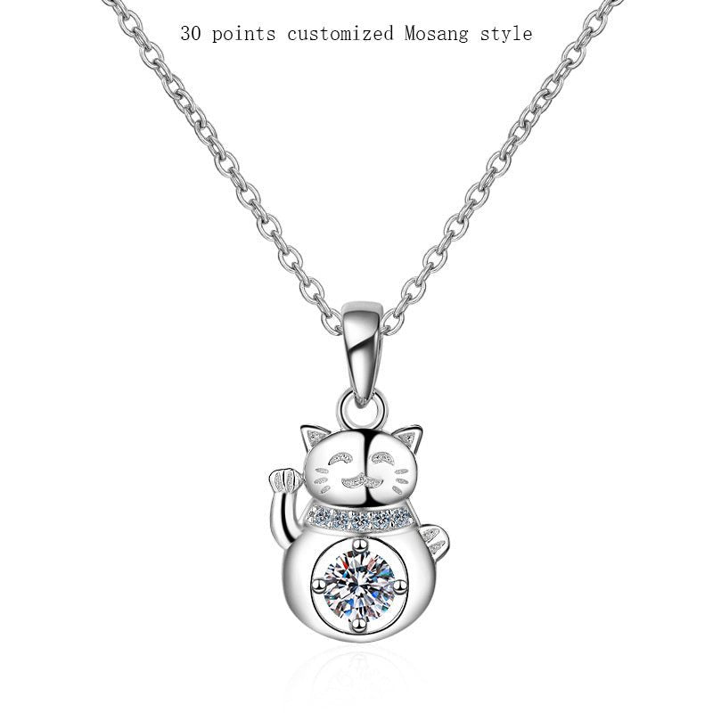 S925 Sterling Silver Moissanite Lucky Cat Necklace - Rhyme - and - Chain