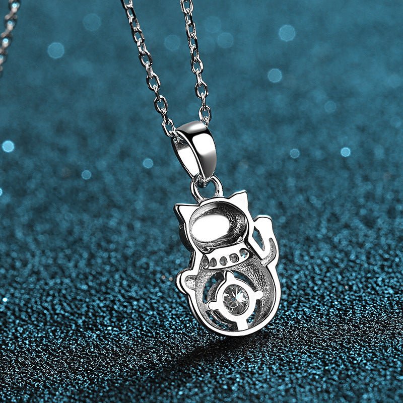 S925 Sterling Silver Moissanite Lucky Cat Necklace - Rhyme - and - Chain