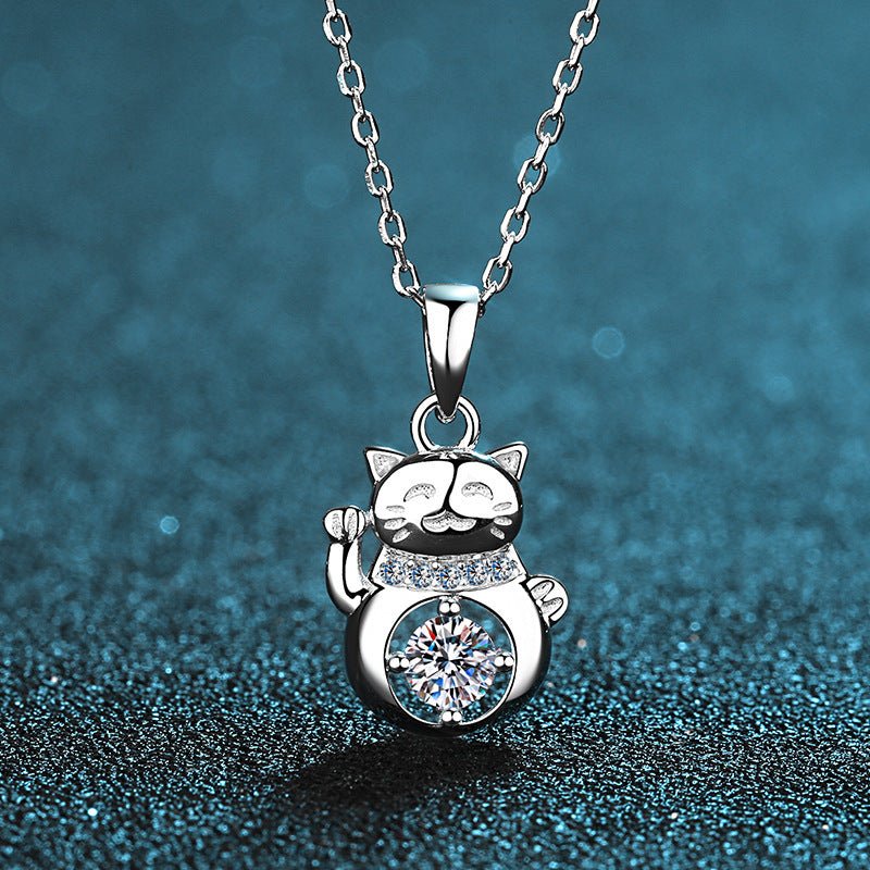 S925 Sterling Silver Moissanite Lucky Cat Necklace - Rhyme - and - Chain