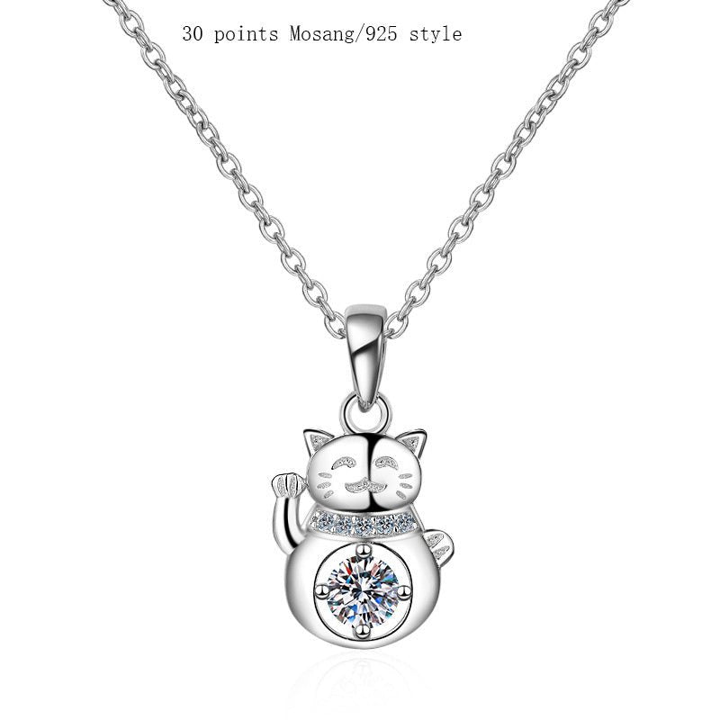 S925 Sterling Silver Moissanite Lucky Cat Necklace - Rhyme - and - Chain