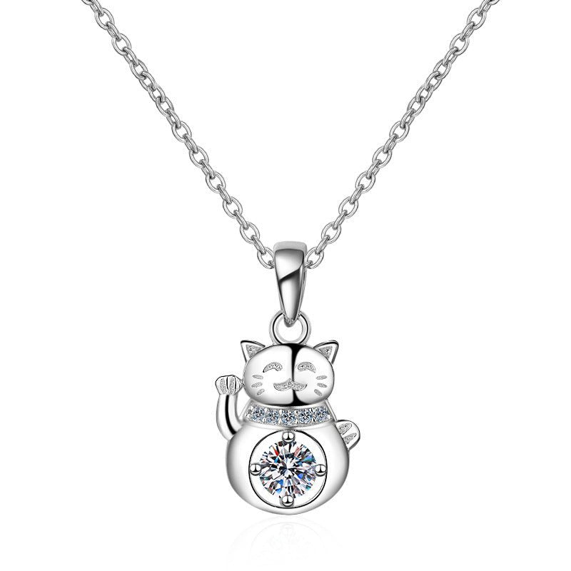 S925 Sterling Silver Moissanite Lucky Cat Necklace - Rhyme - and - Chain