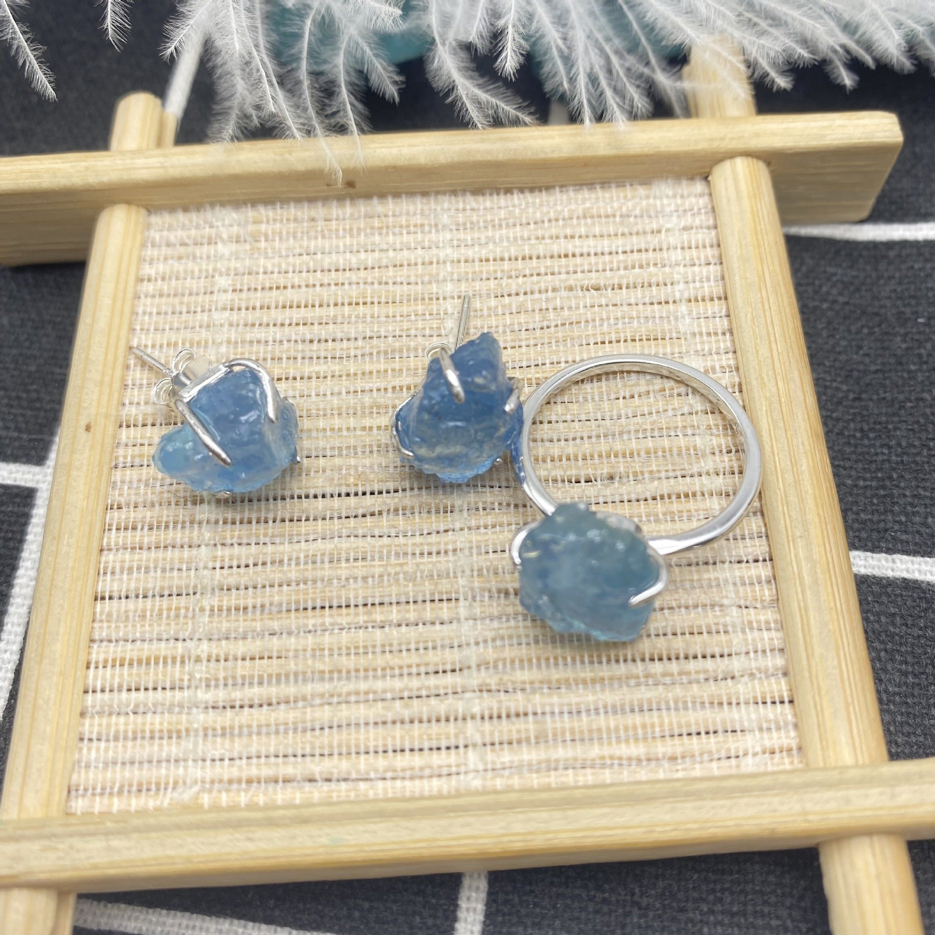 S925 Sterling Silver Natural Irregular Kyanite Ring Earrings - Rhyme - and - Chain