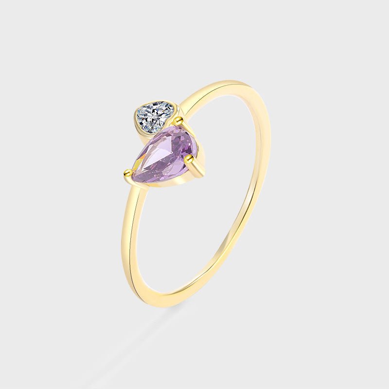 S925 Sterling Silver Plated 14K Gold Ring Purple Gem Peach Heart - Rhyme - and - Chain