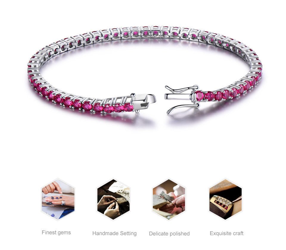 S925 Sterling Silver Tennis Chain Full Diamond Ruby Bracelet - Rhyme - and - Chain