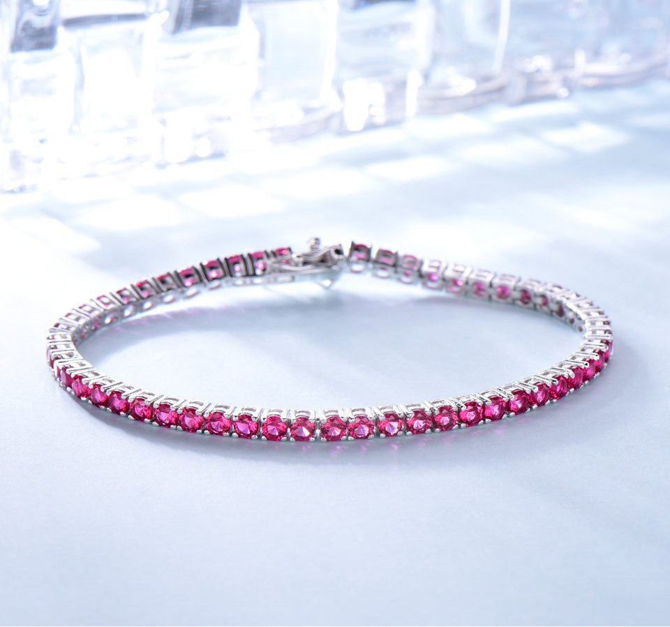 S925 Sterling Silver Tennis Chain Full Diamond Ruby Bracelet - Rhyme - and - Chain