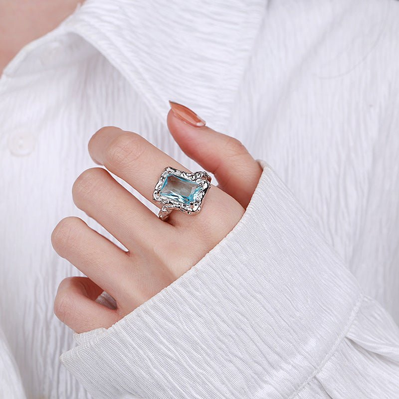 S925 Sterling Silver Tinfoil Texture Ice Blue Open Ring - Rhyme - and - Chain