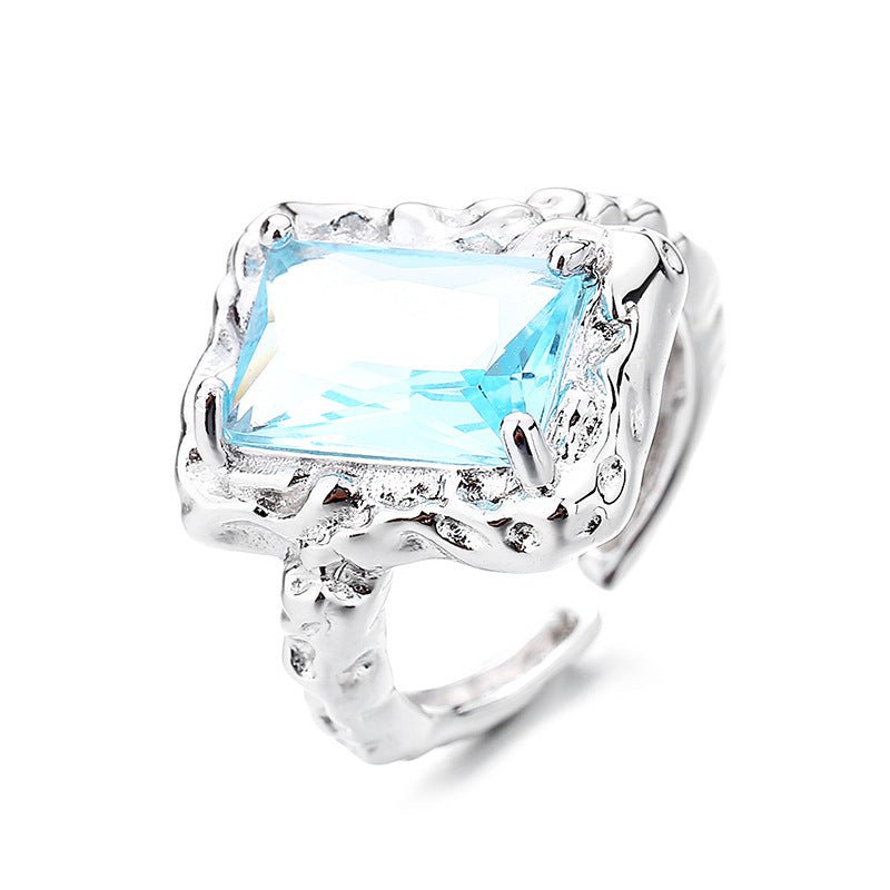 S925 Sterling Silver Tinfoil Texture Ice Blue Open Ring - Rhyme - and - Chain